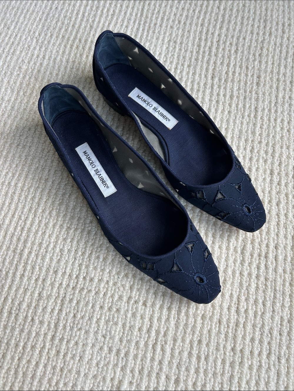 Manolo Blahnik Dark Navy Pointed Toe Cutout Flats